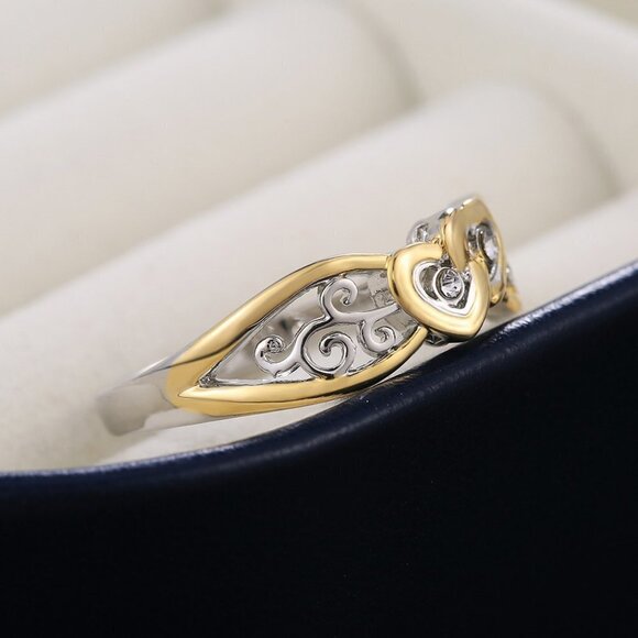 💥 Lovely Double Heart Carved Flower Two Color Plated Rings for Women, PD697 - Picture 3 of 9